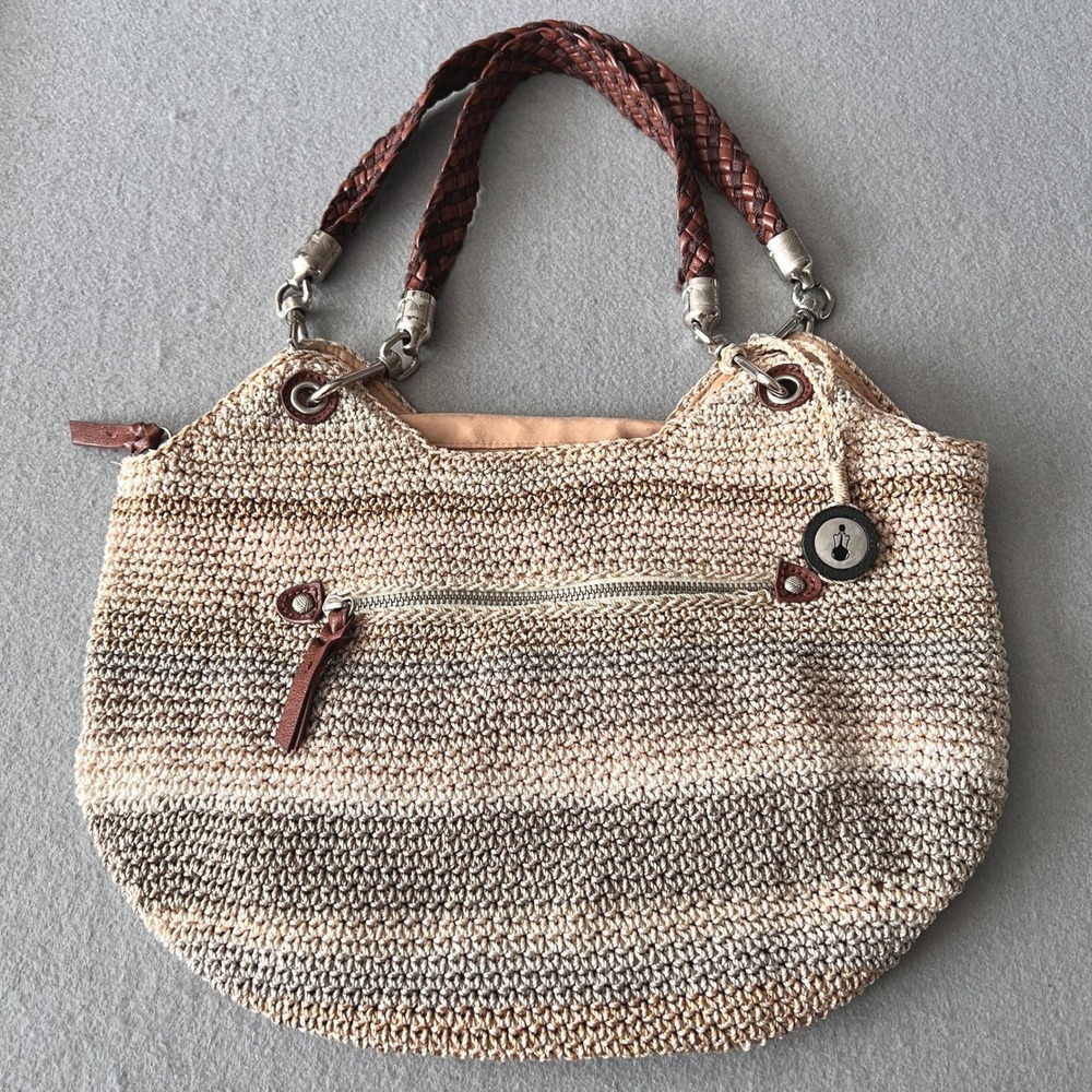 The Sak Indio Crochet Hobo Bag Women Neutral Woven Braided Straps Boho Purse
